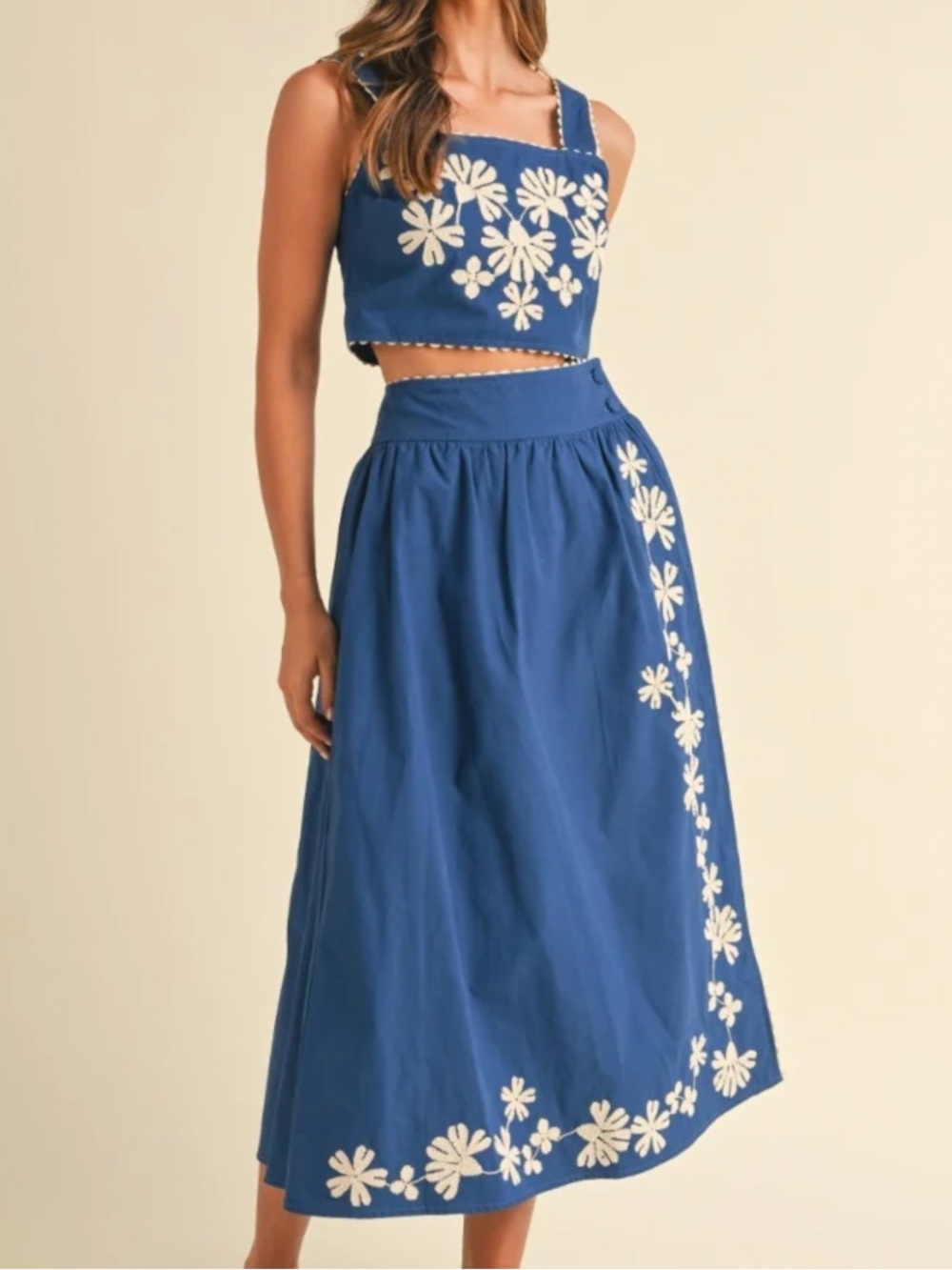 Embroidered Midi Skirt Set - Blue